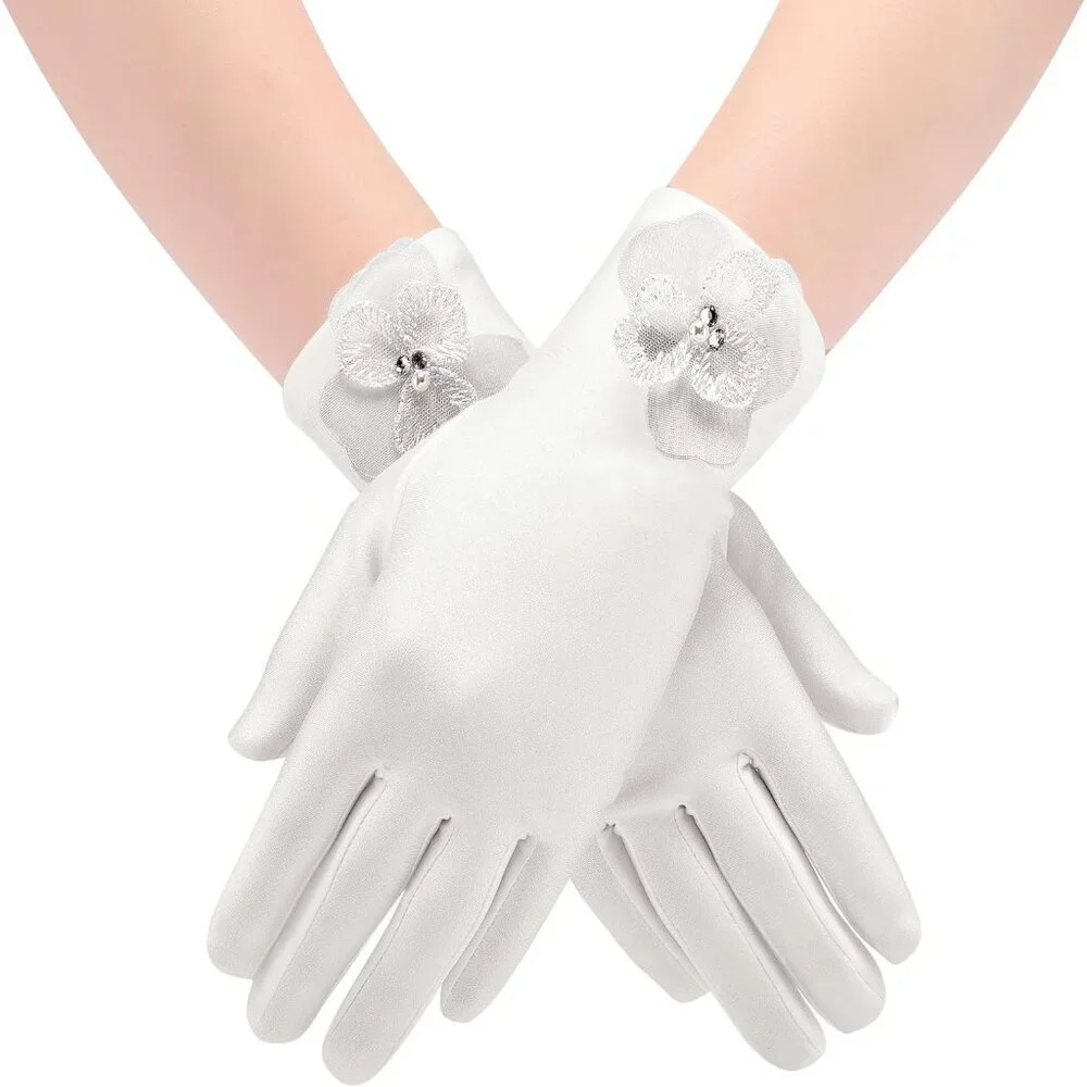 Women's Special White Flower Short Satin Gloves Formal Dress Wedding Dancing